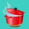 Red pan, saucepan, pot, casserole, cooker, stewpan with boiling water and closed pan lid vector isolated Cooking icon