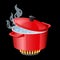 Red pan, saucepan, pot, casserole, cooker, stewpan with boiling water and closed pan lid vector isolated on white