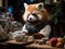 Red panda barista with tiny coffee machine