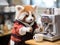 Red panda barista with tiny coffee machine