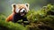 red panda contentedly munching on bamboo leaves