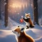 A red panda and a fox making a toast with sparkling apple cider in a snowy forest5