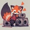 Red panda with music speakers is drawn in anime and manga style, illustration with copy space. youkai character