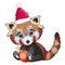 Red panda in santa hat with christmas tree ball, cute character, new year and christmas greeting card, rare animals