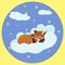 Red panda sleeps on a cloud against a starry blue sky with clouds in a round frame.
