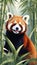 a red panda standing in the middle of tall green leaves