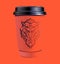 Red paper coffee thermo cup with graphic pattern, plastic container with black lid, take-out coffee, packaging template