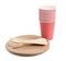 Red paper cups and wooden fork, empty round brown disposable plate made from recycled materials