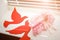Red paper pigeons on a white background, wedding, garter