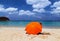 red parasol tropical sun beach sea landscape, romantic paradise