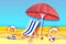 Red parasol - umbrella in paper cut style. Blue Chaise lounge. Origami sea and beach. Sport ball game. Flipflops shoes