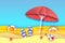 Red parasol - umbrella in paper cut style. Origami sea and beach with lifebuoy. Sport ball game. Flipflops shoes