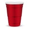Red party cup realistic 3d vector illustration. Disposable plastic or paper container mockup for drinks and fun games isolated on