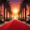 Red pathway to fame in dark with columns rope palm trees sunset award ceremony sphere star premiere vip luxury endless railing