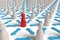 Red pawn figure surrounded by white pawns separated by arrows. Selective focus. Social distancing concept. 3d illustration