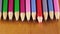The red pencil lies among black lead pencils lie in a row