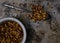 Red Pepper Flakes on an Old Metal Pan Background