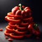 red peppers are arranged in a stack and sliced slices are scattered on the ground