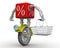 Red percentage cube in the form of a cyborg on the wheel with a grocery market shopping basket
