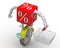 Red percentage cube in the form of a cyborg on the wheel with a grocery market shopping basket