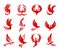 Red phoenix bird icon with fire wings and feathers