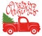 Red pickup with christmas tree. Traditional american track. Vector illustration for christmas holidays.