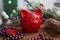 Red piggy bank against xmas background