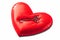 Red pillow in the form of heart with retro key above. 3d rendering.