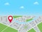 Red pin marker showing location on city map, gps navigation, route destination check point. Vector illustration