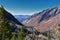 Red Pine Lake views from trail mountain landscape towards Salt Lake Valley in Little Cottonwood Canyon, Wasatch Rocky mountain Ran