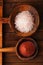 Red and Pink Crystal Rock salt in rustic spoons