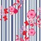 Red and pink flowers on grey, navy, indigo and cream stripes background seameless repeat.