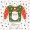 Red, pink and green vector ugly Christmas sweater with Santa Claus greeting card