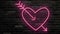 Red pink heart amazed by arrow. Neon glow flashings. Turn on and turn off. Dark brick background. Pink light electric