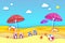 Red and pink parasol - umbrella in paper cut style. Origami sea and beach with lifebuoy. Sport ball game. Flipflops