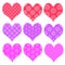 Red pink purple romantic heart shapes lacy pattern cut out isolated on white