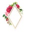 Red and pink roses with spring green grass, golden border. Watercolor frame with flowers, meadow herbs and gold