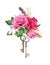 Red, pink roses with two keys and feathers. Watercolor in boho style for Valentine day, wedding
