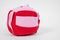 Red and pink soft textile washable snuffle toy in shape of cube for hiding delicious treats for dogs nose work, white