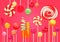 Red pink sugar background with bright colorful lollipops candy sweets. Candy shop. Sweet color lollipop.