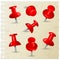 Red pins. Thumbtack push paper notes on board memo pins stationery items vector collection