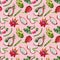 Red pitaya watercolor dragon fruits and tropical leaves seamless pattern with pitahaya drawings on light pink