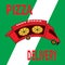Red pizza truck delivery on white-green background