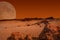 Red planet with arid landscape, rocky hills and mountains