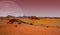 Red planet with arid landscape, rocky hills and mountains, and a giant Mars-like moon at the horizon