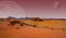 Red planet with arid landscape, rocky hills and mountains, and a giant Mars-like moon at the horizon