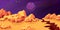 Red planet landscape. Mars panorama, martian background with asteroid and planets on sky. Cartoon space fantasy, yellow