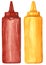 Red plastic bottle with ketchup and yellow with mustard, hand drawn watercolor illustration