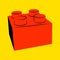 Red plastic brick block on a yellow background. Retro geometric drawing of childrens construction game