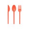 Red plastic cutlery set of fork, spoon and knife mockup, 3D vector isolated.